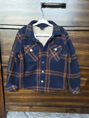 Eddie Bauer Navy and Brown Plaid Sherpa-Lined Kids Jacket